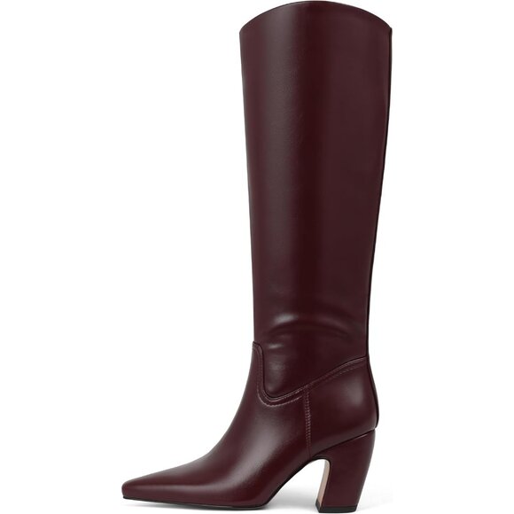 Women Knee High Burgundy Boots Square Toe Chunky Heel Wide Calf Tall Zipper Boot - Picture 2 of 7